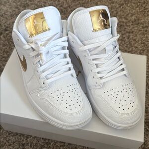 White and Gold Nike Air Jordan 1 Low Sneakers